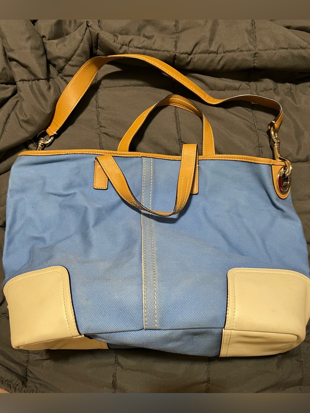 Coach Hadley Twill Blue Canvas Tote with Tan and Cream Trim